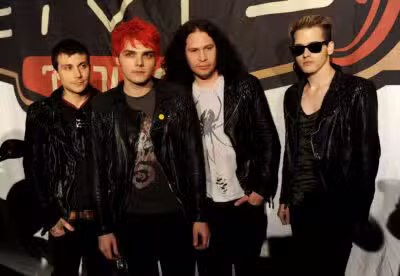 WEST HOLLYWOOD, CA - MAY 23: (L-R) Musicians Frank Iero, Gerard Way, Ray Toro and Mikey Way of My Chemical Romance pose at a press party of announce the 2011 Honda Civic Tour featuring blink-182 and My Chemical Romance at the Rainbow Bar and Grill on May 23, 2011 in West Hollywood, California. Kevin Winter/Getty Images/AFP (Photo by KEVIN WINTER / GETTY IMAGES NORTH AMERICA / Getty Images via AFP)