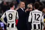 Juventus' Croatian coach Igor Tudor (C) celebrates with Juventus' Serbian forward #09 Dusan Vlahovic (L) and Juventus' Portuguese defender #12 Renato Veiga (R) after winning the Italian Serie A football match between Juventus and Genoa at the Allianz Stadium in Turin, on March 29, 2025. (Photo by MARCO BERTORELLO / AFP)