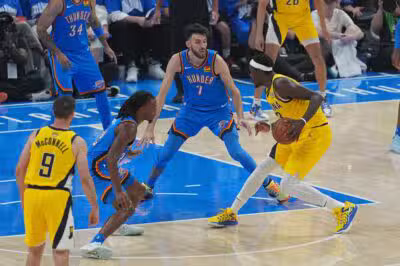 OKLAHOMA CITY, OK - JUNE 22: Chet Holmgren #7 of the Oklahoma City Thunder plays defense during the game against the Indiana Pacers during Game Seven of the 2025 NBA Finals on June 22, 2025 at Paycom Center in Oklahoma City, Oklahoma. NOTE TO USER: User expressly acknowledges and agrees that, by downloading and or using this photograph, User is consenting to the terms and conditions of the Getty Images License Agreement. Mandatory Copyright Notice: Copyright 2025 NBAE Morgan Givens/NBAE via Getty Images/AFP (Photo by NBA Photos / NBAE / Getty Images / Getty Images via AFP)