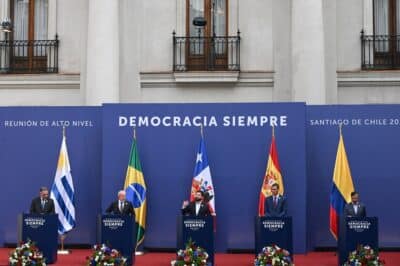 (L to R) Uruguay's President Yamandu Orsi, Brazil's President Luiz Inacio Lula da Silva, Chile's President Gabriel Boric, Spanish Prime Minister Pedro Sanchez, and Colombia's President Gustavo Petro give a joint statement during the 