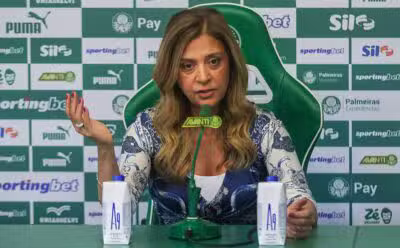 SP - VITORROQUE/PALMEIRAS - ESPORTES - A presidente do Palmeiras, Leila Pereira, durante coletiva de imprensa sobre o ataque ao atleta Luighi na tarde desta sexta (7) na Academia de Futebol. 07/03/2025 - Foto: YURI MURAKAMI/FOTOARENA/FOTOARENA/ESTADÃO CONTEÚDO