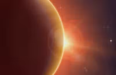 Abstract vector orange background with planet and eclipse of its star. Bright star light shine from the edge of a planet with a protuberance. Sparkles of stars on the background.