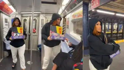 Cardi B simula um vendedor ambulante, promovendo seu mais recente álbum no metrô de Nova York Cardi B simula um vendedor ambulante, promovendo seu mais recente álbum no metrô de Nova York